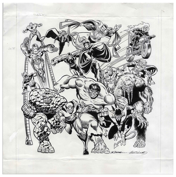 Sal Buscema & Joe Sinnott Original Artwork of 15 Marvel Superheroes -- Including The Hulk, Wolverine, Iron Man, The Thing, Ghost Rider, Captain Marvel & More -- Measures Over 14'' Square
